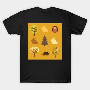 Nature (rabbits, hedgehogs and owls) pattern T-Shirt